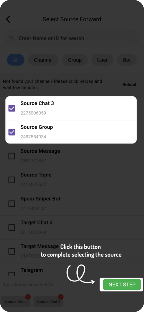 select source for forwarding telegram