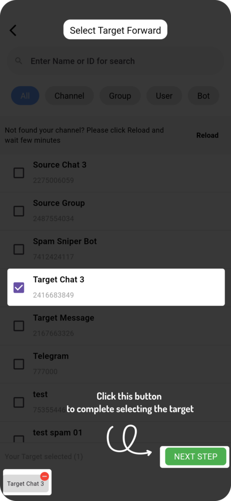 select target destination auto forward telegram