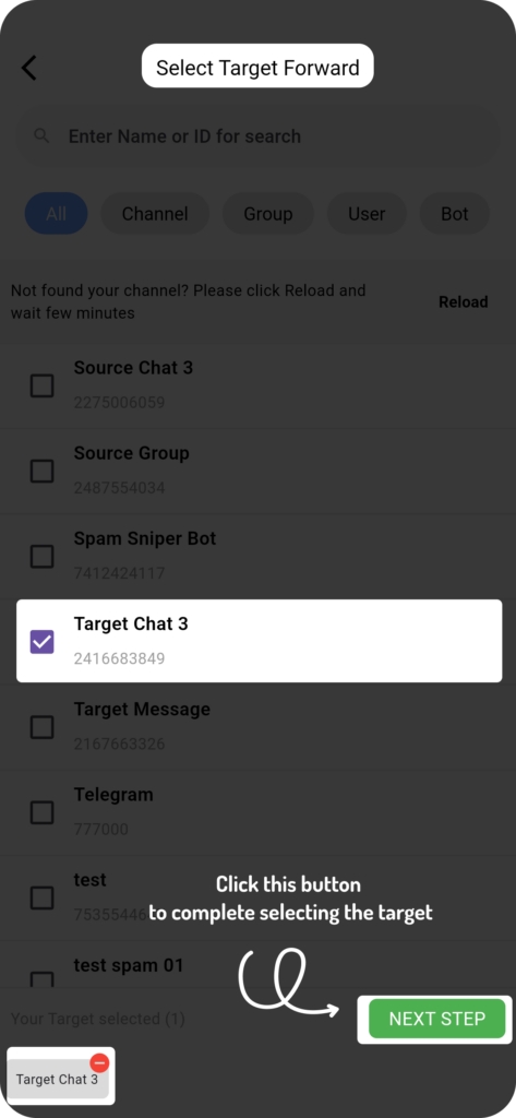 select target destination auto forward telegram