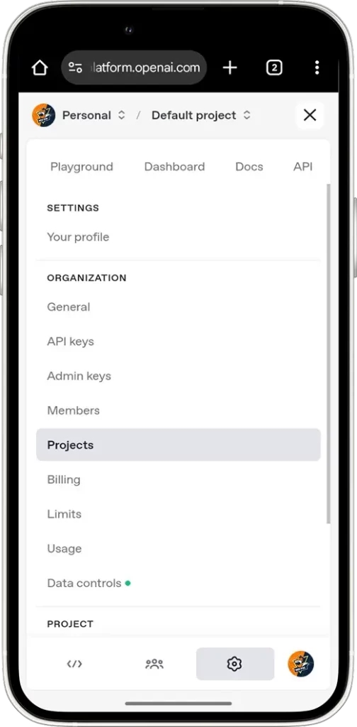 how to get ChatGPT API key: Create a New Project (Organization)