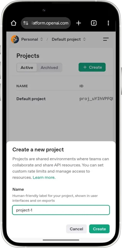 How to get a ChatGPT API key: Step 1 – Create a new project in the OpenAI platform