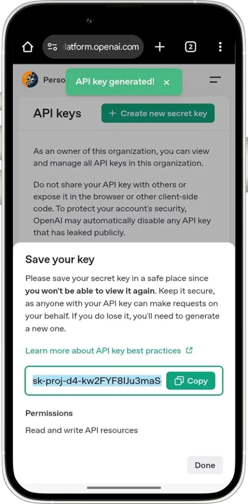 New API key will appear in a pop-up window