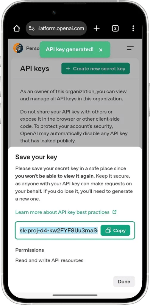 New API key will appear in a pop-up window